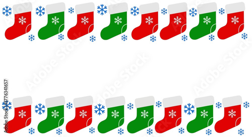 Festive Christmas stockings in red and green with snowflakes framing a blank center, perfect for holiday greetings and seasonal promotions, originally a vector graphic