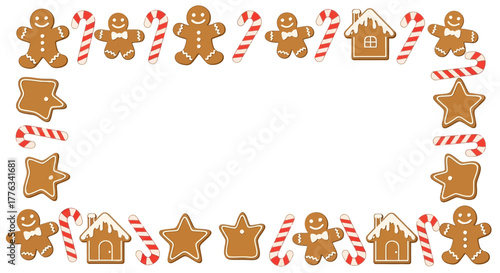 Festive gingerbread cookies form cheerful Christmas frame, perfect for holiday greetings or seasonal promotions, originally a scalable vector graphic