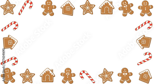 Festive Christmas gingerbread cookie frame with candy canes, stars, gingerbread men, and houses for holiday baking, seasonal decor, and joyful celebrations