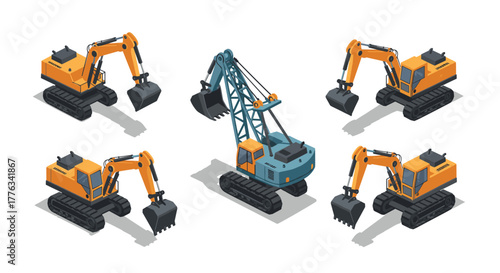 Construction machinery in isometric view excavators and dredgers on display