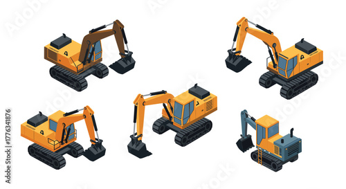 Isometric excavator collection detailed construction equipment designs