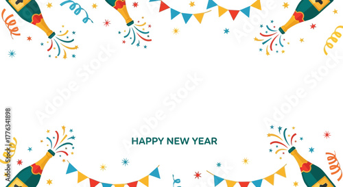 Festive Happy New Year banner with champagne bottles, stars, and confetti creates a joyful and celebratory atmosphere for holiday promotions and event marketing