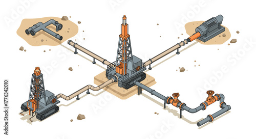Industrial isometric diagram of oil drilling site with machinery and pipelines