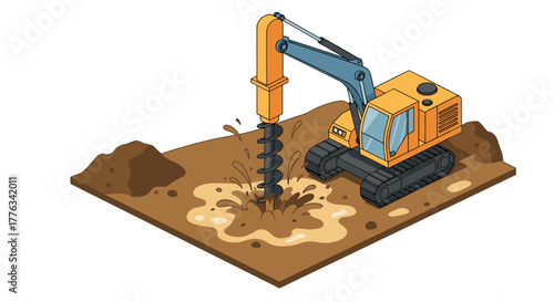 Construction excavator with drill on worksite in isometric style