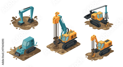 Isometric construction equipment collection with excavators and bulldozers