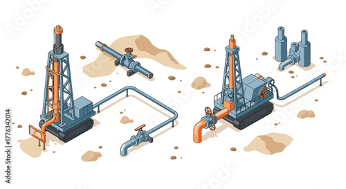 Isometric oil extraction equipment in desert environment with pipeline system