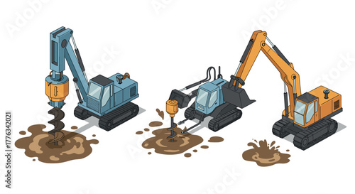 Isometric construction equipment digging drill rigs and excavators in action