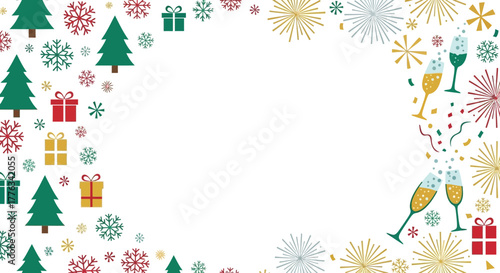 Festive cheer with Christmas trees, snowflakes, gifts and champagne flutes, perfect for holiday greetings and celebrations, originally a scalable graphic