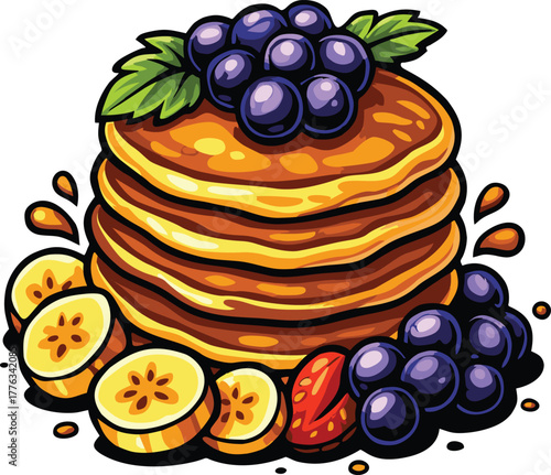 A delicious stack of golden pancakes topped with fresh blueberries and surrounded by banana slices and strawberries. Bright, tasty, and inviting, perfect for breakfast menus, food blogs, cafés, and he