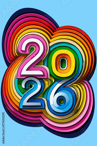 Vibrant and colorful 2026 numbers crafted from layered paper quilling art on a bright blue background