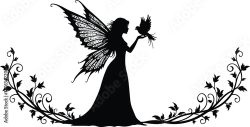 Fairy with bird silhouette vector—ornate wings, flowing gown, floral vine border for fantasy, enchanted nature, and storybook themes