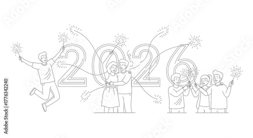 Celebrate 2026 with Friends Sparklers and Joyful Moments Captured in a Lighthearted Line Drawing for New Year's Festivities and Future Celebrations