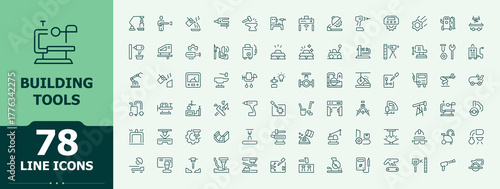 Building Tools icon pack. Real icon set. Icons for website. Contains such icons as sustainable, floor, energy, architecture, architect, estate and more. Editable stroke. Pixel Perfect.