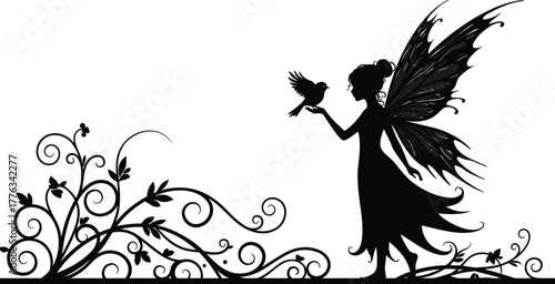 Fairy with bird silhouette vector—ornate wings, floral vines, magical forest edge for fantasy, nature, and storybook themes