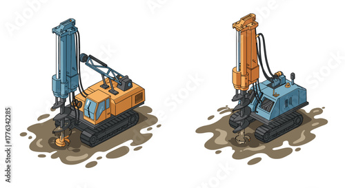 Industrial construction drilling machines in isometric style