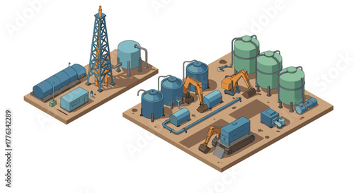 Isometric industrial complex with oil rig and construction machinery for energy production