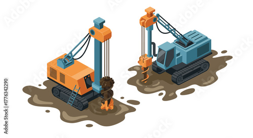 Construction site vehicles in isometric design featuring drill and excavator