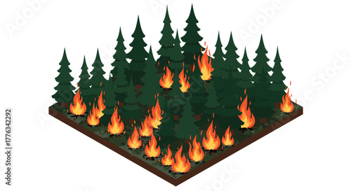 Isometric forest fire among evergreen trees