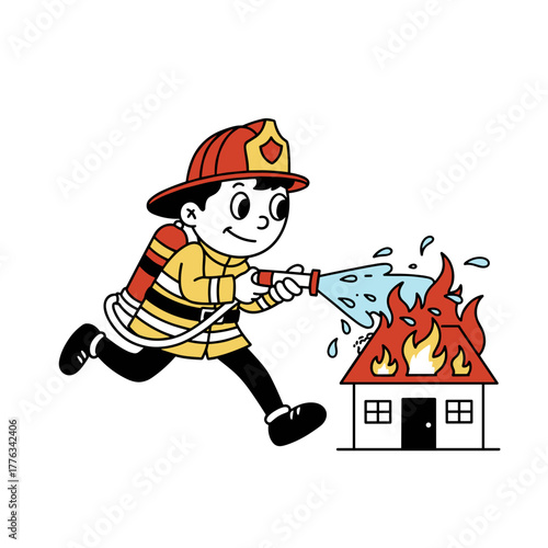 Cartoon firefighter spraying water on burning house while running  