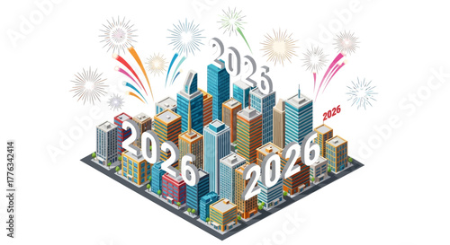 Modern city skyline celebrating 2026 New Year with fireworks, envisioning future growth and urban innovation, perfect for business forecasts and promotional materials