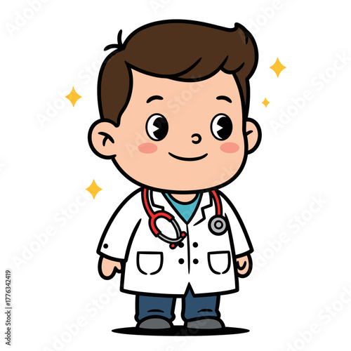 Cute young boy doctor smiling in a white lab coat with stethoscope  