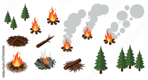 Collection of campfire and pine tree elements for nature scene designs