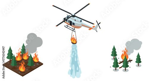 Helicopter extinguishing forest fire with water in isometric style scene