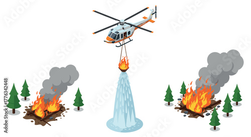 Isometric aerial firefighting helicopter extinguishing forest fire with water