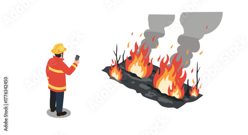 Firefighter using smartphone to assess burning wreckage scene in isometric style