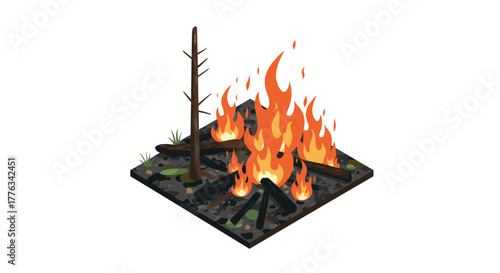 Isometric campfire with burning flames on gravel ground