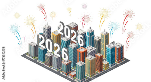Celebrate 2026 with a vibrant city skyline and festive fireworks, perfect for New Year's promotions, event announcements, and optimistic future visions
