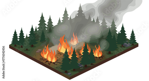Isometric forest wildfire with dense smoke in pine tree area
