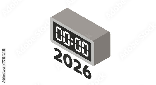 Modern isometric clock ticks to 2026, a futuristic countdown to the new year, perfect for technology, business, and event promotions needing a fresh, clean look