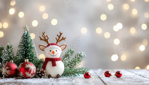 Festive winter decoration featuring cute reindeer cozy home setting holiday theme soft lighting close-up view cheerful atmosphere
