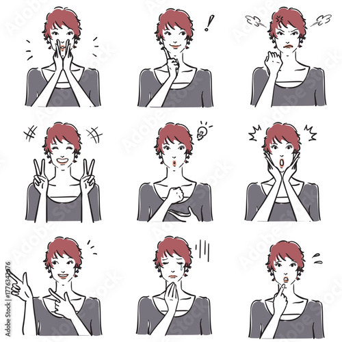 ショートカットの女性の表情いろいろ　ノーマル2