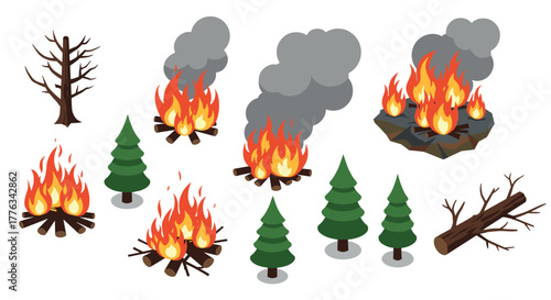 Isometric campfire and forest elements with trees and smoke