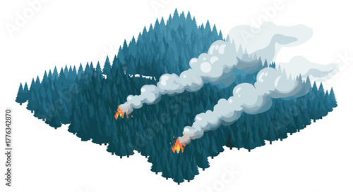 Isometric forest fire scene with dense pine trees and smoke plumes