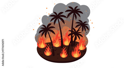 Tropical wildfire scene with burning palm trees