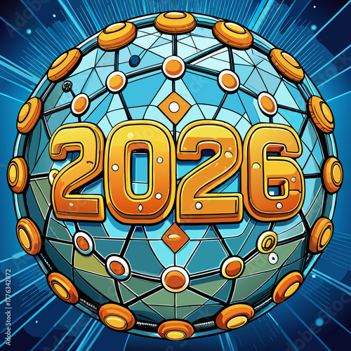 Futuristic 2026 globe with network connections and bright blue background celebrating new year and technology advancements