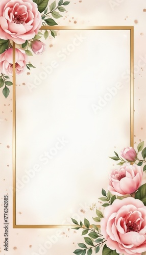 Floral frame with pink roses and golden accents on textured background  