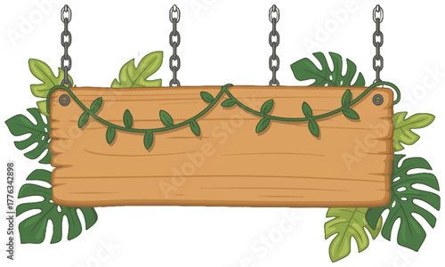 Wooden signboard with green leaves and vines decoration illustration
