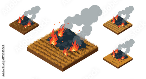 Isometric farmland fire with smoke and flames on agricultural fields