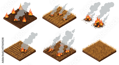 Isometric burning field stages with smoke in 3d design