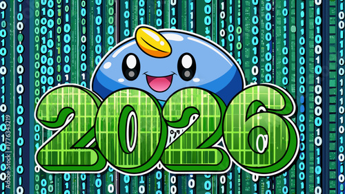 Cute blue character with a yellow spot on its head smiles over the year 2026 in a digital matrix background