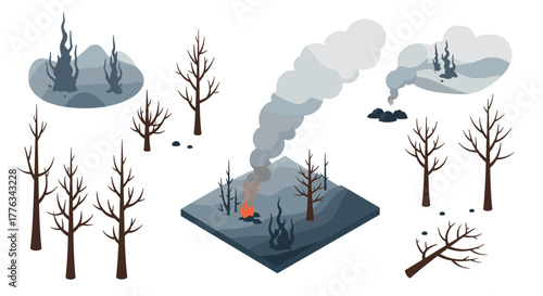 Isometric forest fire scene with smoky trees and ashes