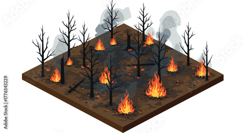 Isometric forest fire scene showing burning trees and smoke in a charred landscape