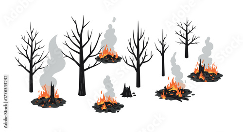 Minimalist forest fire depiction with isolated trees and flames
