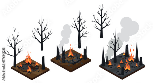 Isometric forest fire stages on burnt land with leafless trees and rising smoke