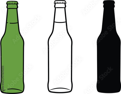 Vector beer bottle illustration set green outline and black
