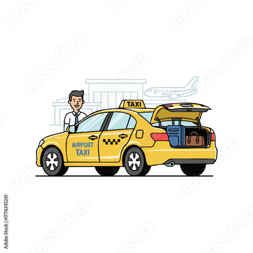 Man loading luggage into airport taxi at terminal with airplane in background